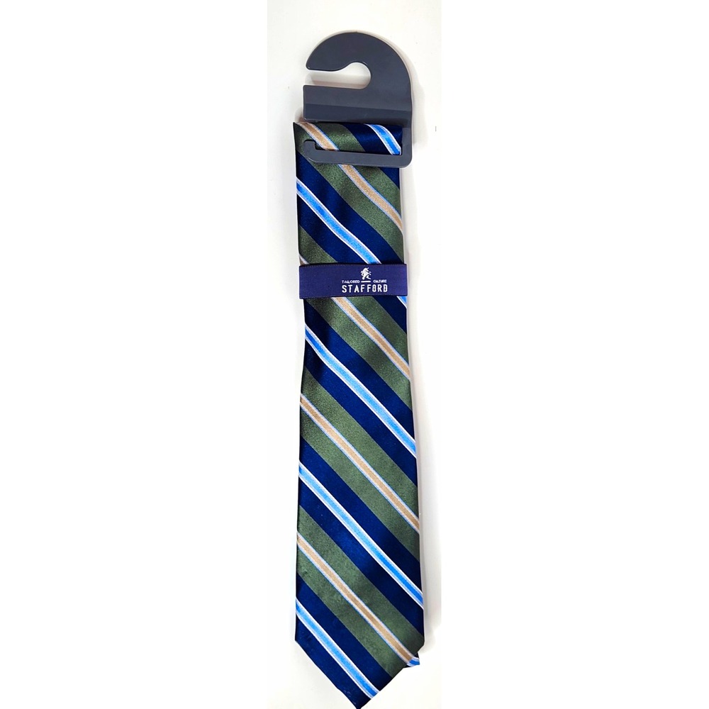 Stafford Men's 100% Silk Woven Striped Tie Blue/Green/Light Blue/Tan NWT